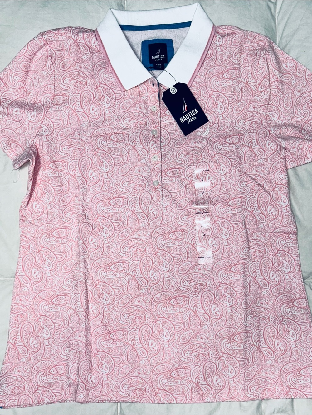 Nautica Jeans pink paisley polo shirt sz L NWT smoke free home